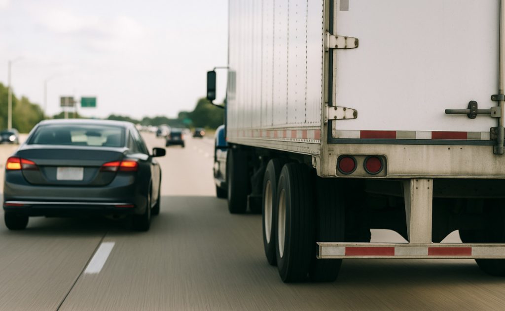 Car preparing two switch lanes and cut in front of a truck.