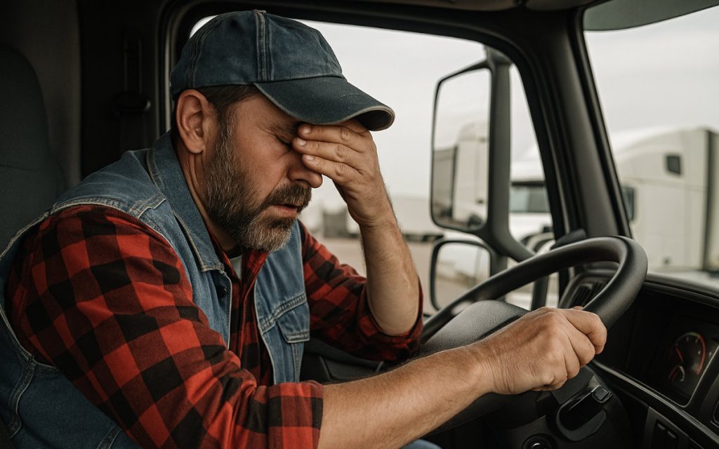 Fatigued truck driver behind the wheel of his truck.