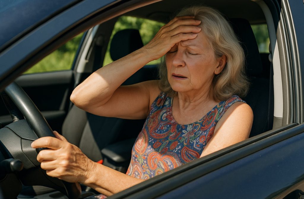 Woman driver suffering from heatstroke behind the wheel of her car.