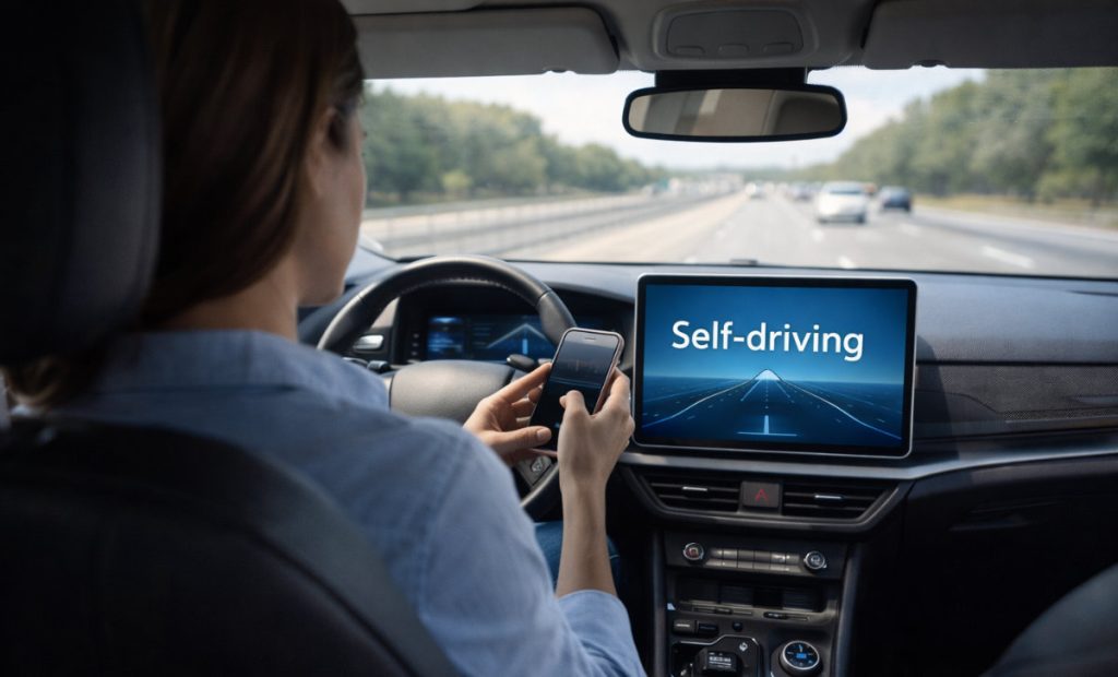 Distracted driver on the driver's seat of a self-driving car.