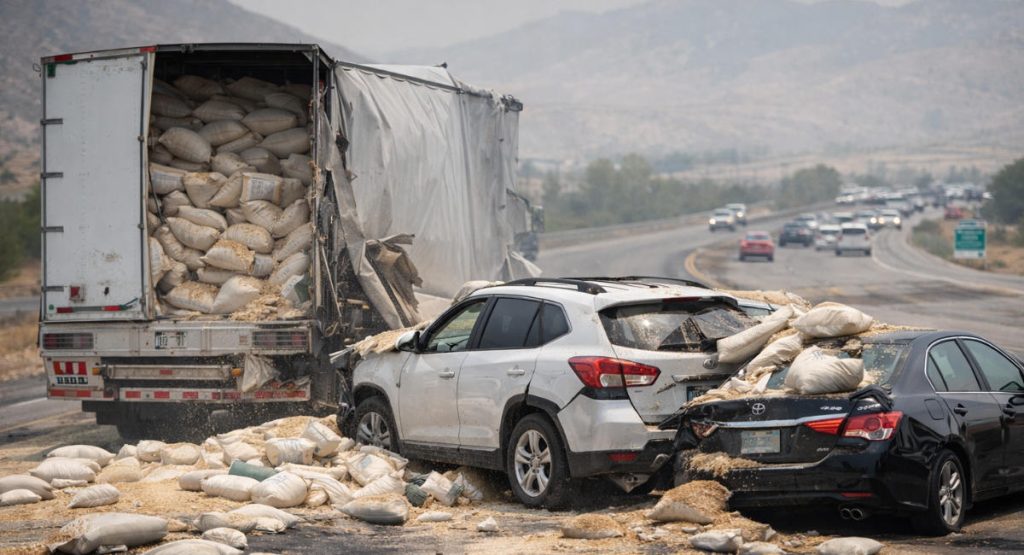 Truck accident caused by improperly loaded cargo.