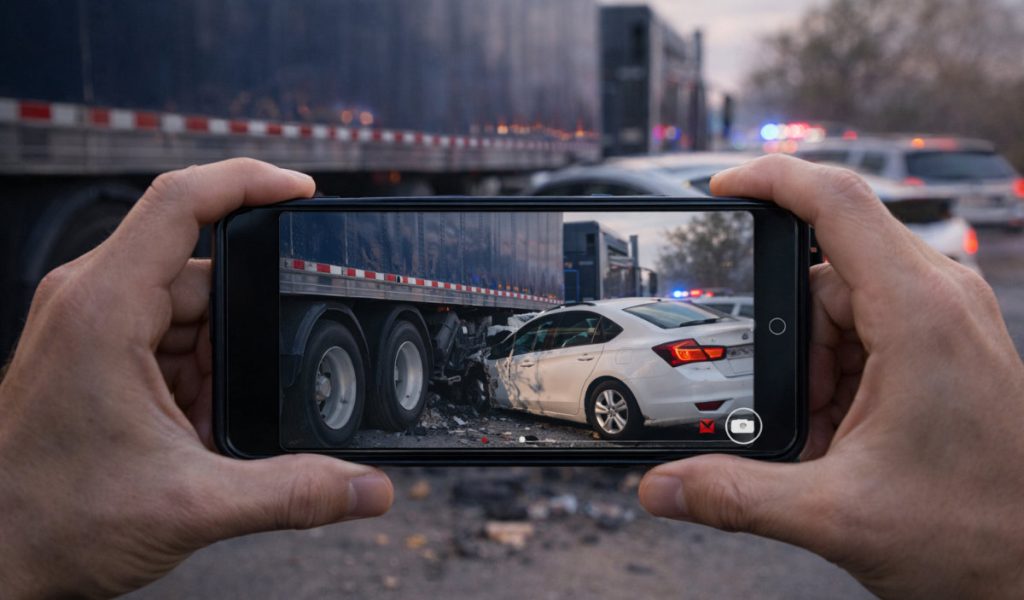 Taking a photo of truck accident.