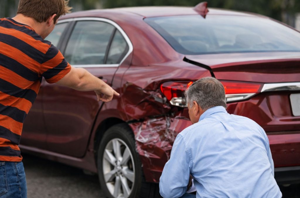 Insurance adjuster examining car damage.