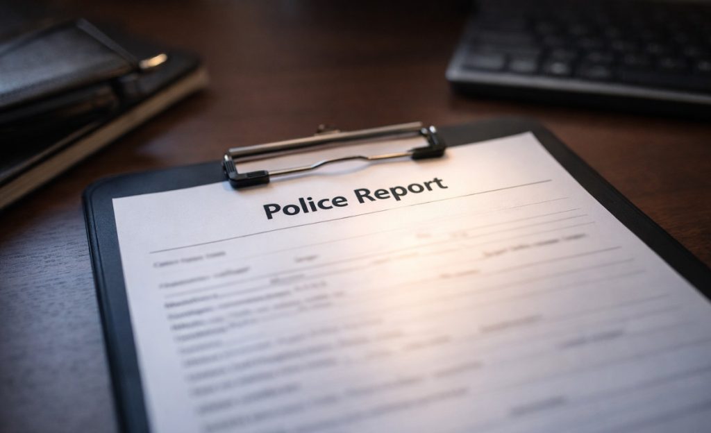 Police report on desk.
