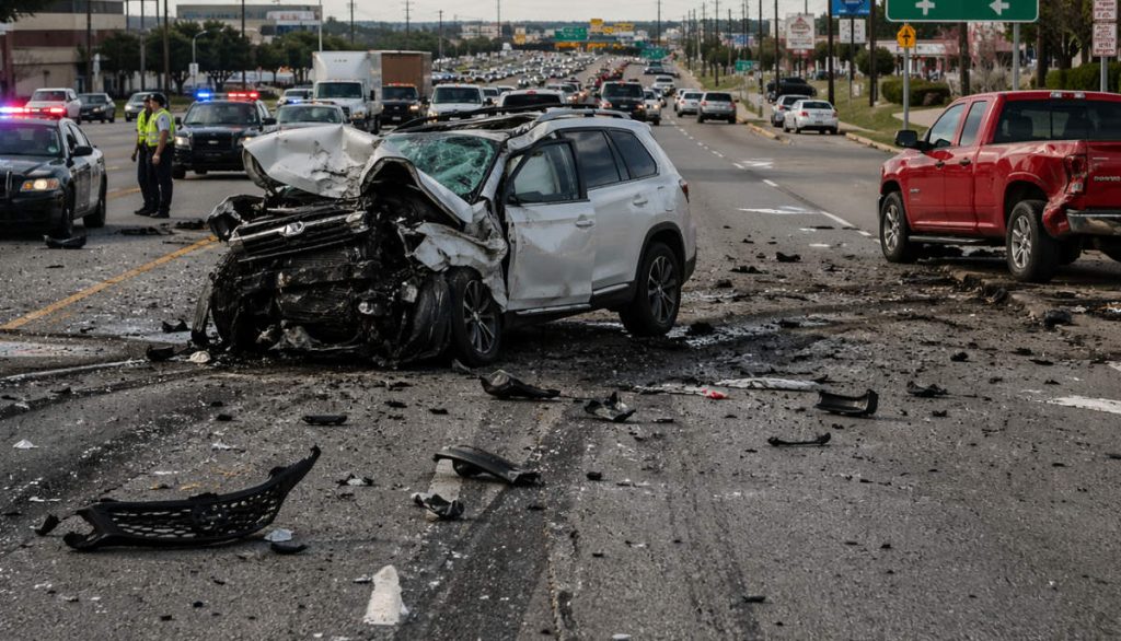 Car crash on busy Texas road.