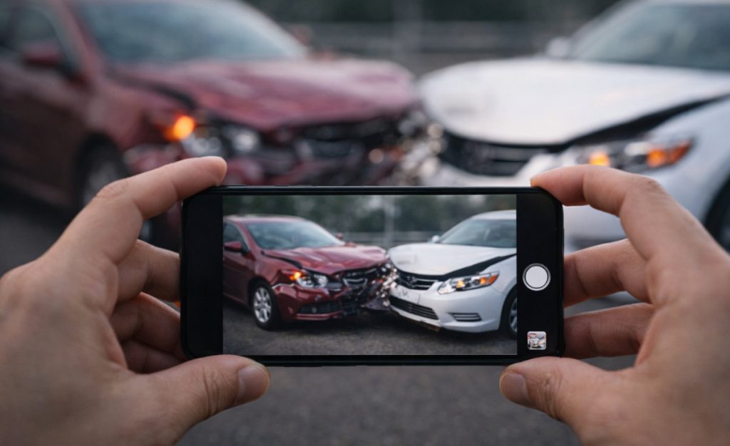 Documenting car accident: Taking photo of crashed vehicles.