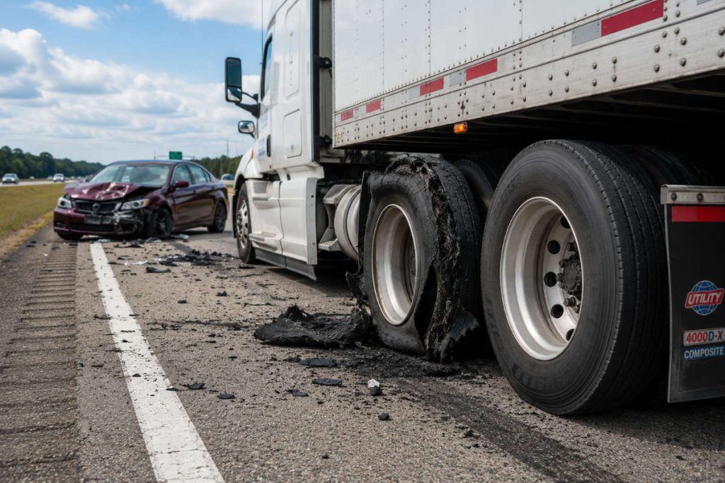 Vehicle accident caused by a truck's tire blowout.