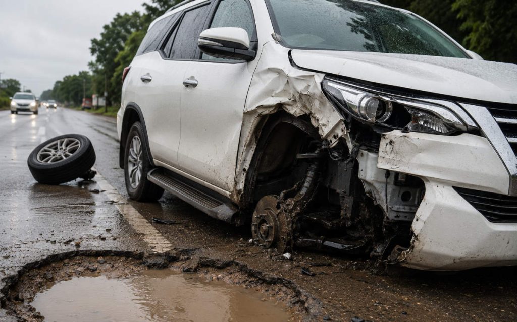 Car crash due to defective road.