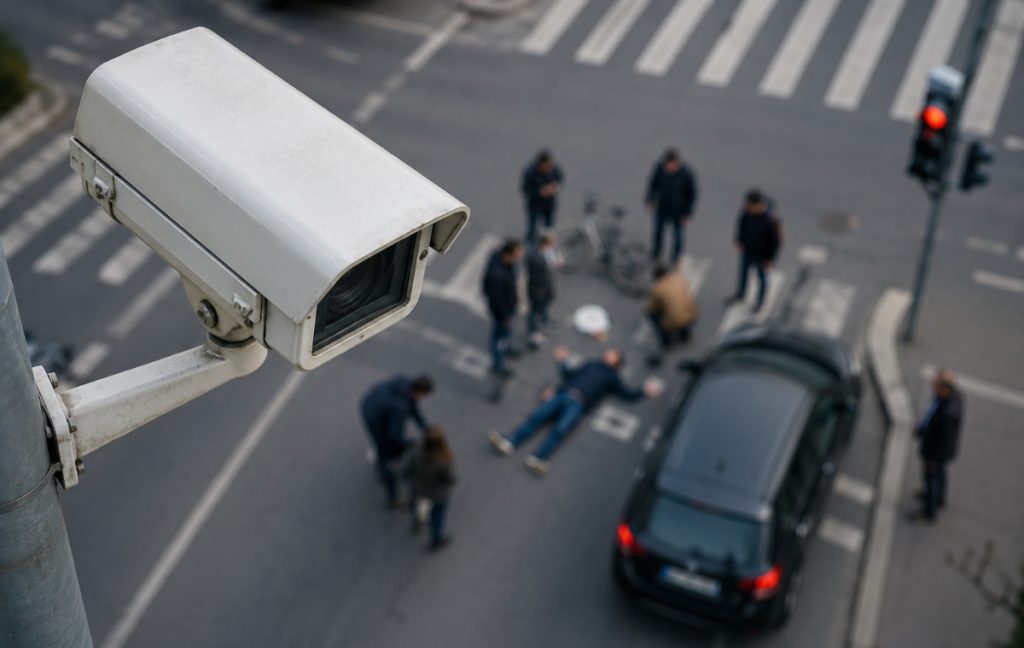A surveillance camera above an intersection where a pedestrian was injured.