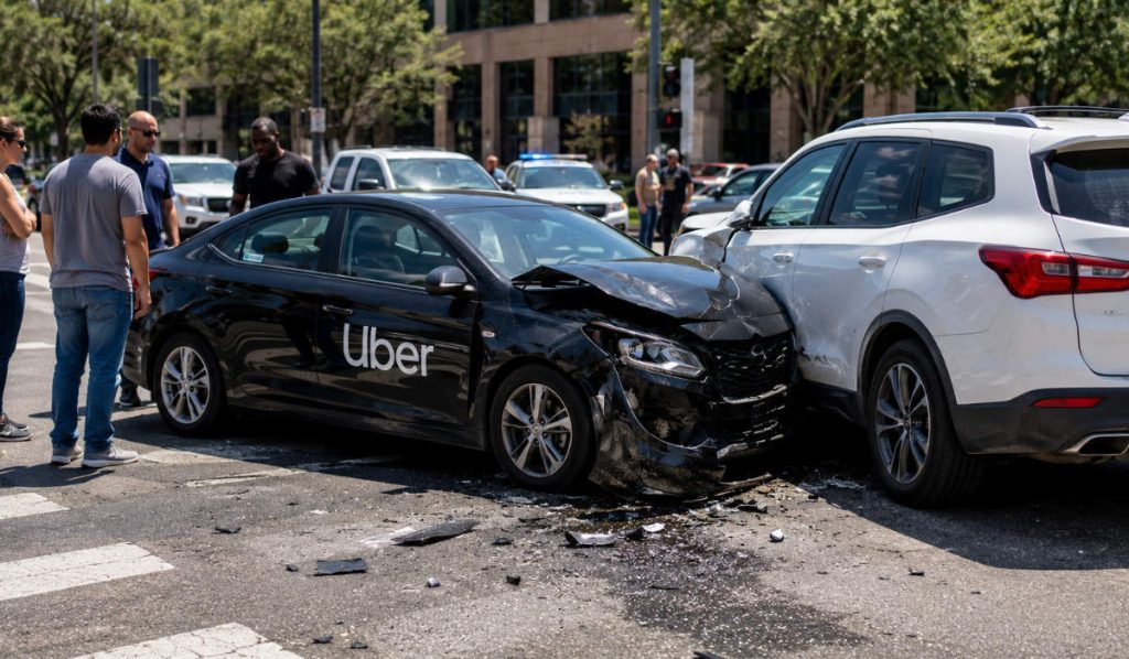 An Uber accident in a busy intersection.
