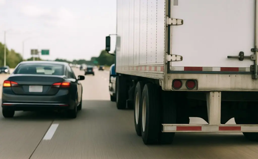 Car preparing two switch lanes and cut in front of a truck.